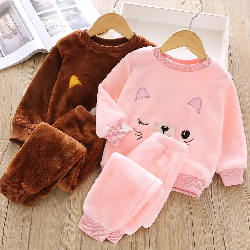 2-piece Animal Pattern Fleece-lined Pajamas Sets for Toddler Girl