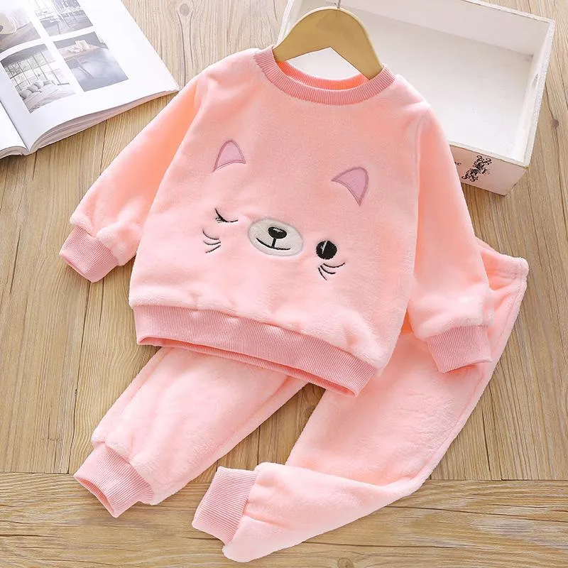 2-piece Animal Pattern Fleece-lined Pajamas Sets for Toddler Girl