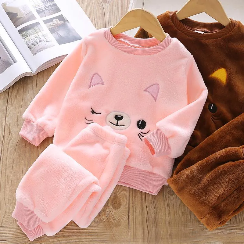 2-piece Animal Pattern Fleece-lined Pajamas Sets for Toddler Girl