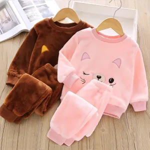2-piece Animal Pattern Fleece-lined Pajamas Sets for Toddler Girl