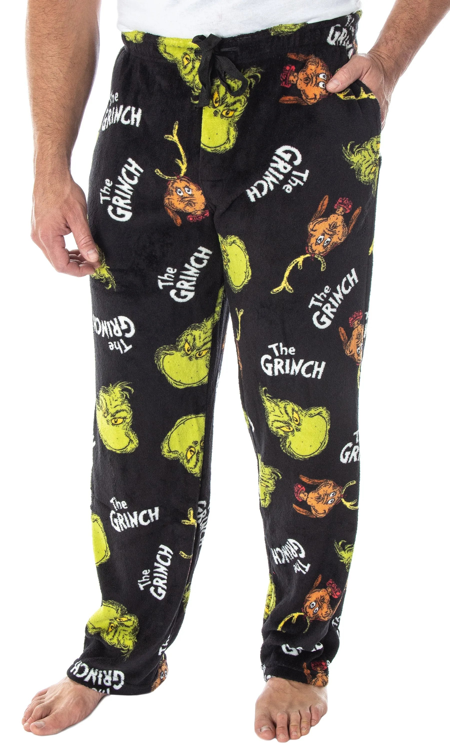 Dr. Seuss Men's GRINCH Sneaky Face Fleece Plush Pajama Pants