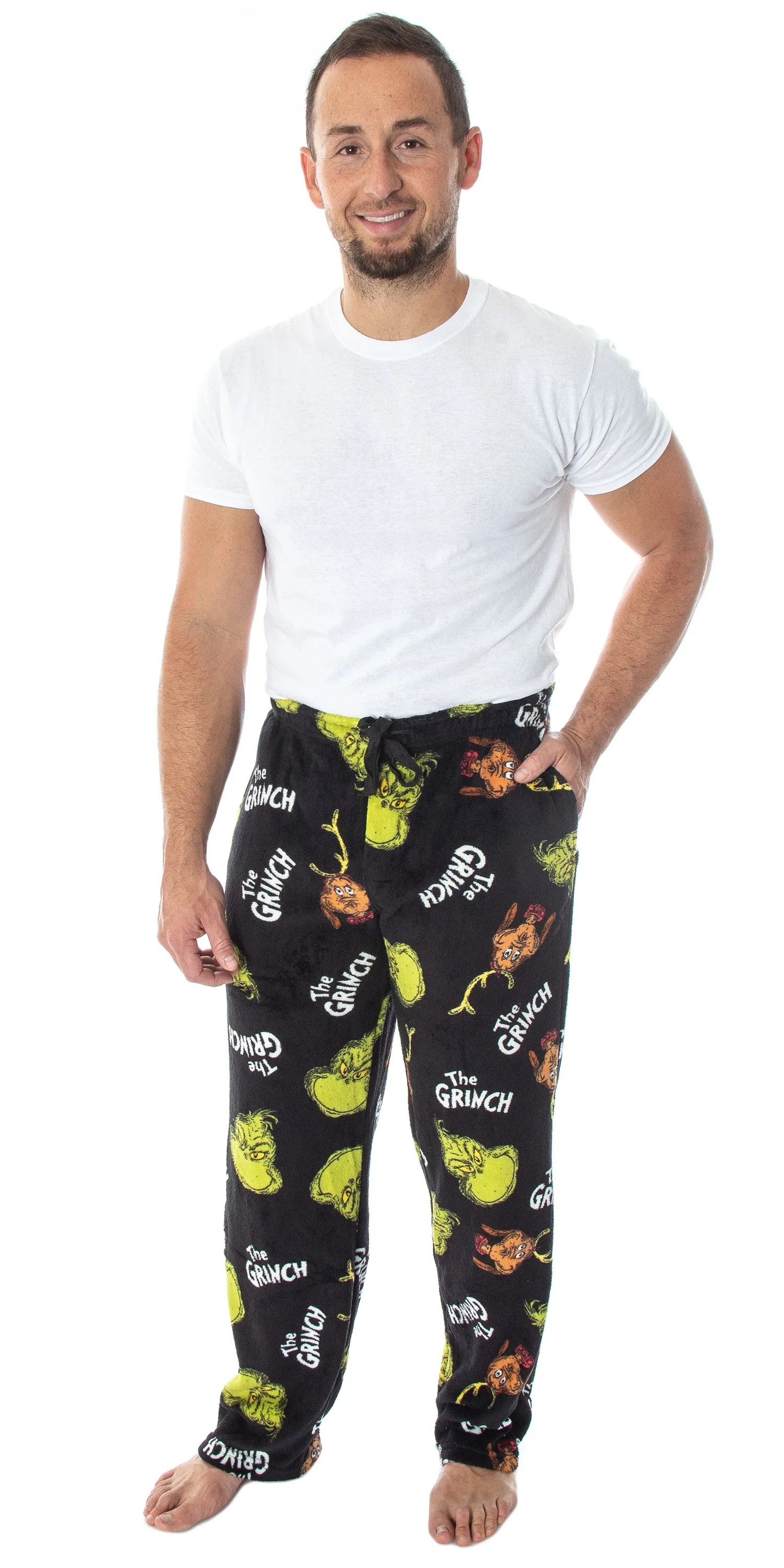 Dr. Seuss Men's GRINCH Sneaky Face Fleece Plush Pajama Pants