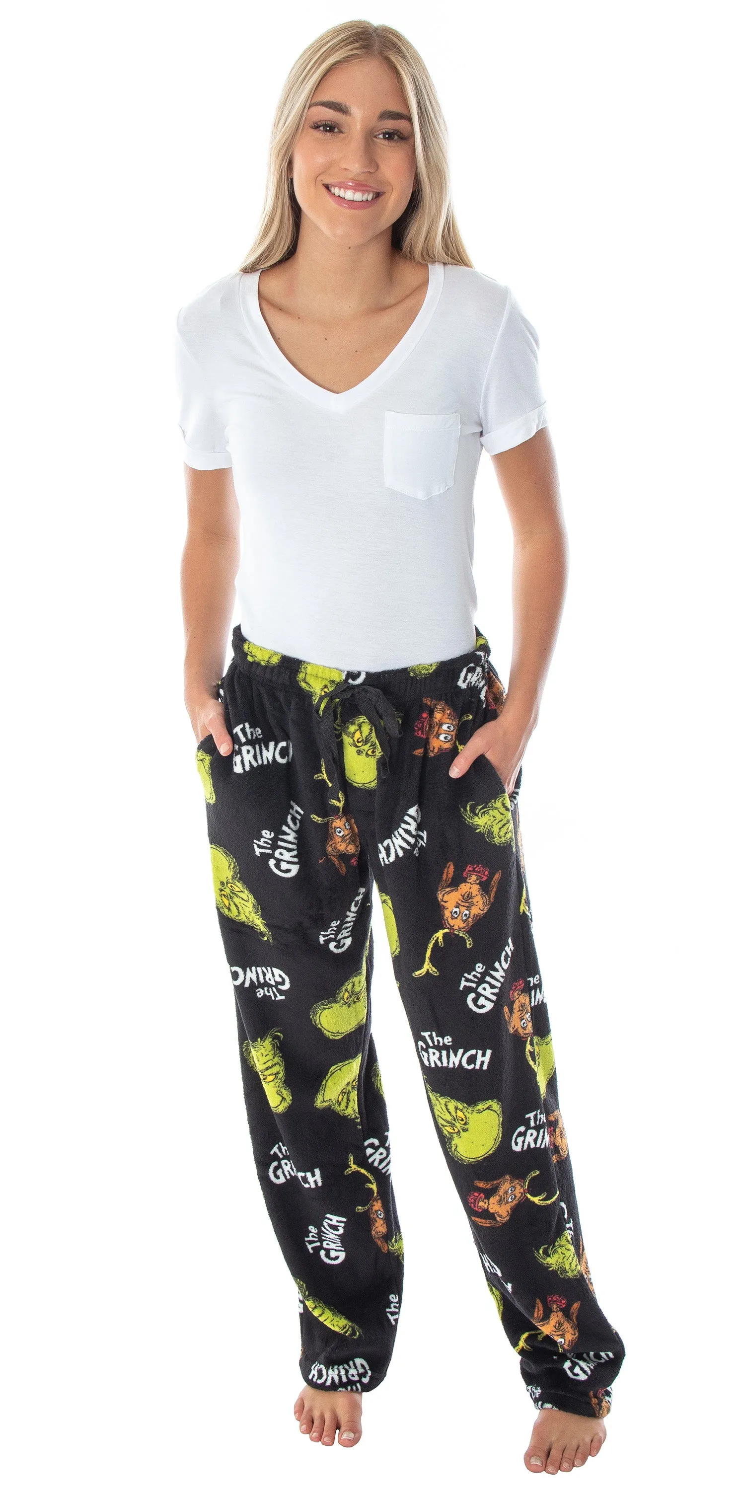 Dr. Seuss Men's GRINCH Sneaky Face Fleece Plush Pajama Pants