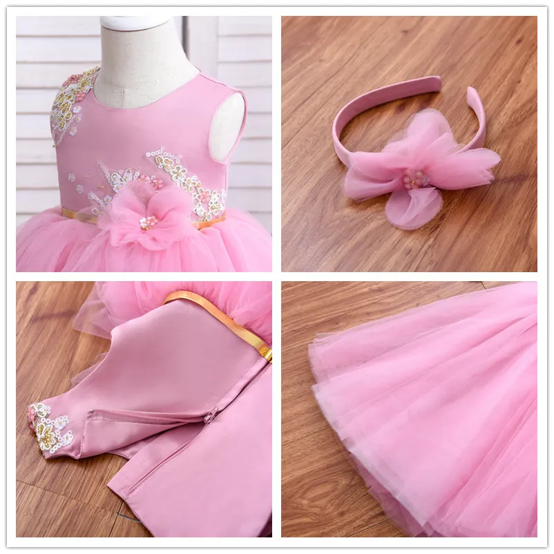 Ds051801 1 to 5 Years Wholesale Sleeveless Party Wear Blue Formal Embroidered Sequin Fluffy Prom Wedding Flower Girls' Dresses With Clasp