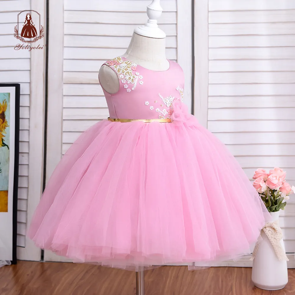 Ds051801 1 to 5 Years Wholesale Sleeveless Party Wear Blue Formal Embroidered Sequin Fluffy Prom Wedding Flower Girls' Dresses With Clasp