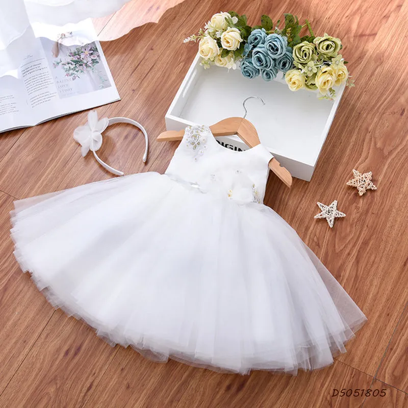 Ds051801 1 to 5 Years Wholesale Sleeveless Party Wear Blue Formal Embroidered Sequin Fluffy Prom Wedding Flower Girls' Dresses With Clasp
