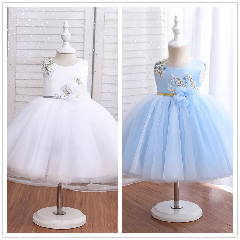 Ds051801 1 to 5 Years Wholesale Sleeveless Party Wear Blue Formal Embroidered Sequin Fluffy Prom Wedding Flower Girls' Dresses With Clasp