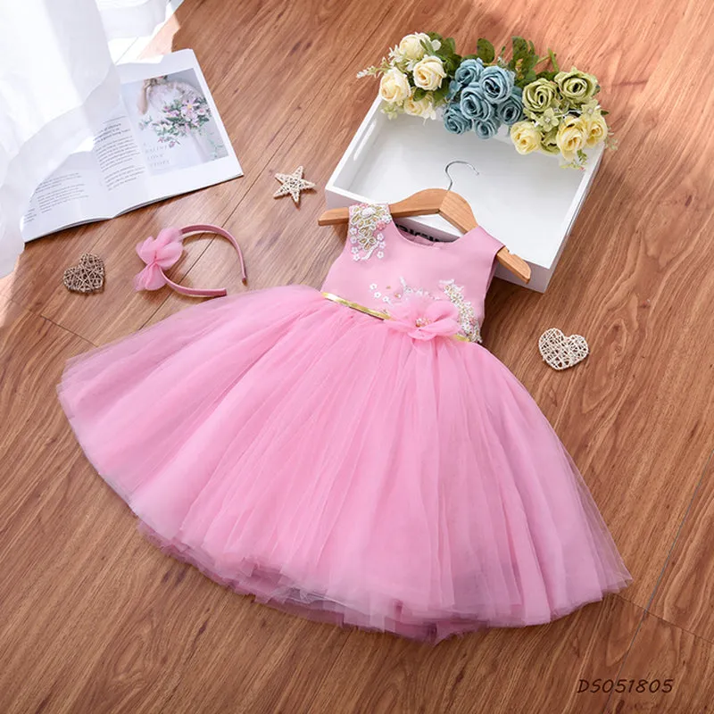 Ds051801 1 to 5 Years Wholesale Sleeveless Party Wear Blue Formal Embroidered Sequin Fluffy Prom Wedding Flower Girls' Dresses With Clasp