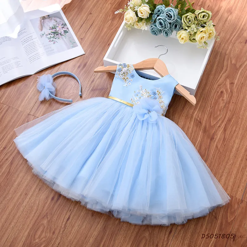 Ds051801 1 to 5 Years Wholesale Sleeveless Party Wear Blue Formal Embroidered Sequin Fluffy Prom Wedding Flower Girls' Dresses With Clasp