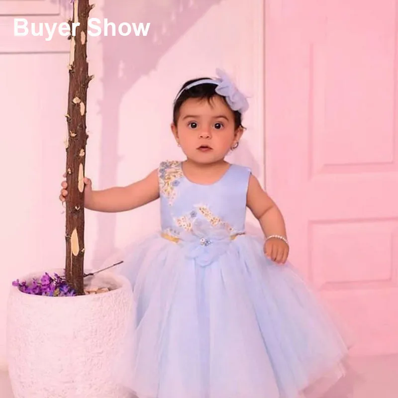 Ds051801 1 to 5 Years Wholesale Sleeveless Party Wear Blue Formal Embroidered Sequin Fluffy Prom Wedding Flower Girls' Dresses With Clasp