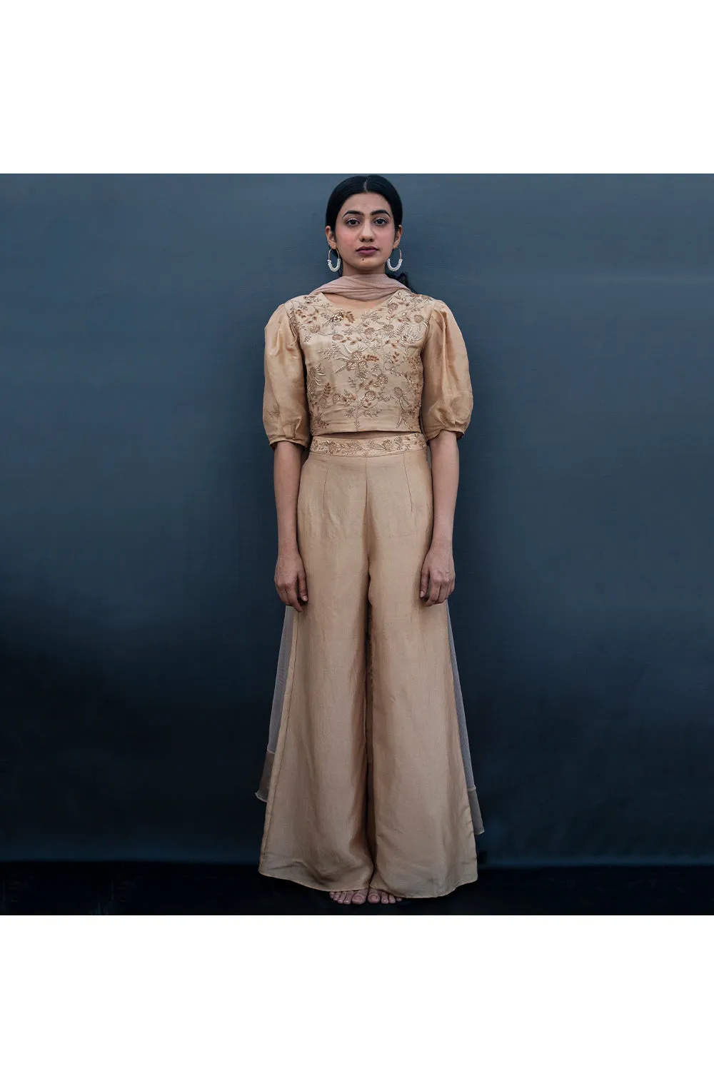 Embroidered silk top and palazzo with dupatta