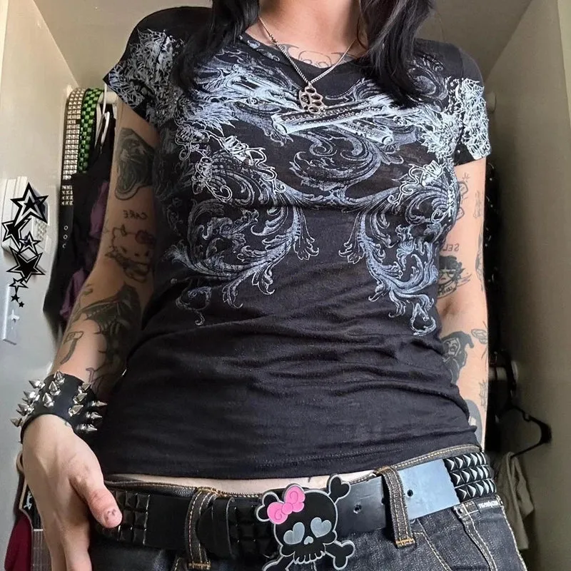Girlary Y2K Grunge Cyber Crop Tops Emo 90s Vintage Graphic Print Baby Tee Kawaii Short Sleeve E Girl Harajuku Japanese Mall Goth T-shirt