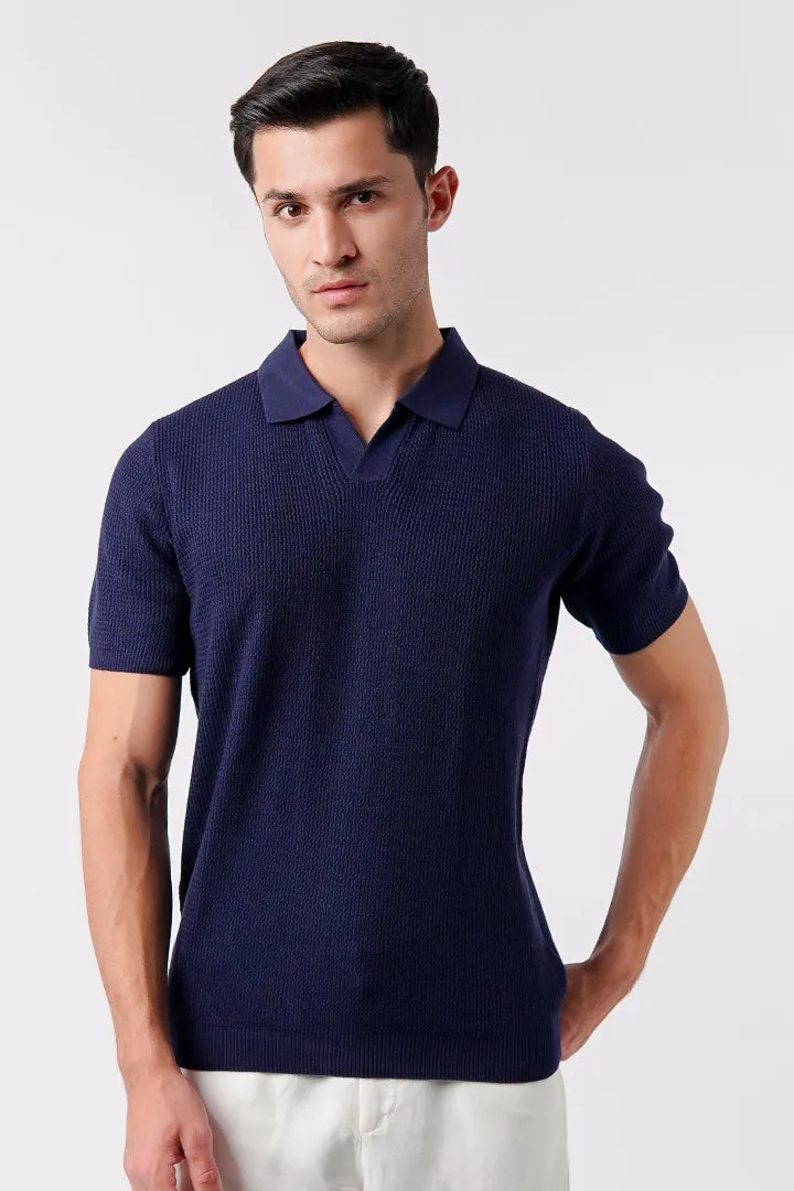 Johnny Collar Knit Polo Shirt - Navy Blue
