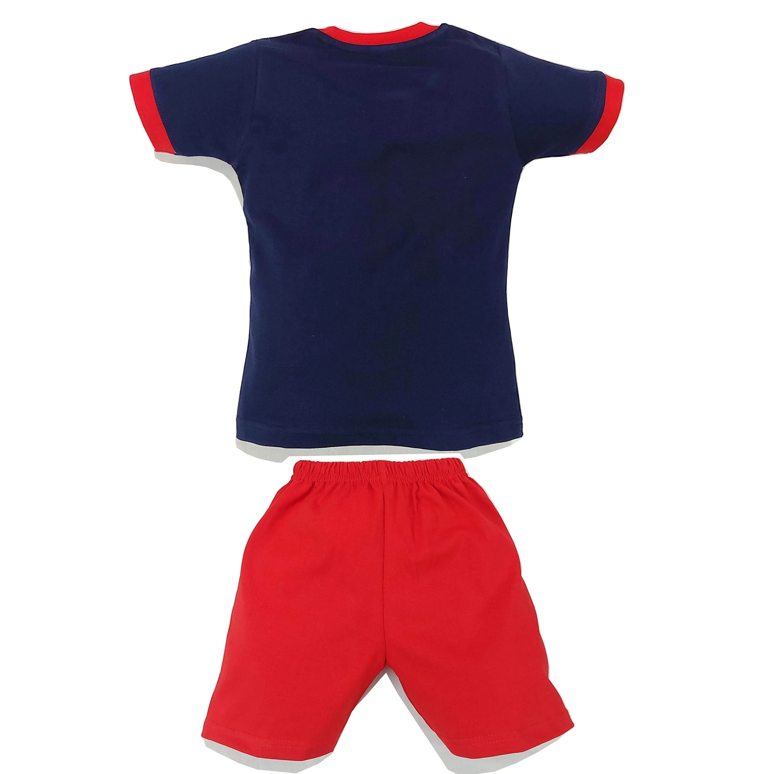 JUSFAB Kidswear Infant wear Baby Boy Girl Clothes T-shirt Pant Set 100% Cotton Blue Tee Red Bottom 18-24 months