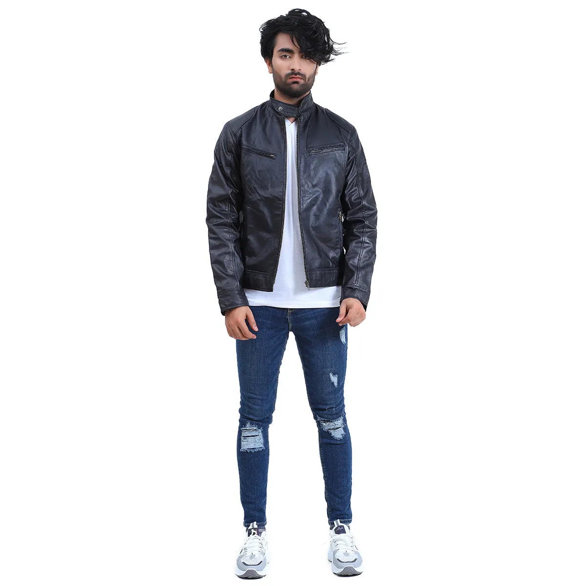 Mens Black Cafe Racer Lambskin Leather Jacket