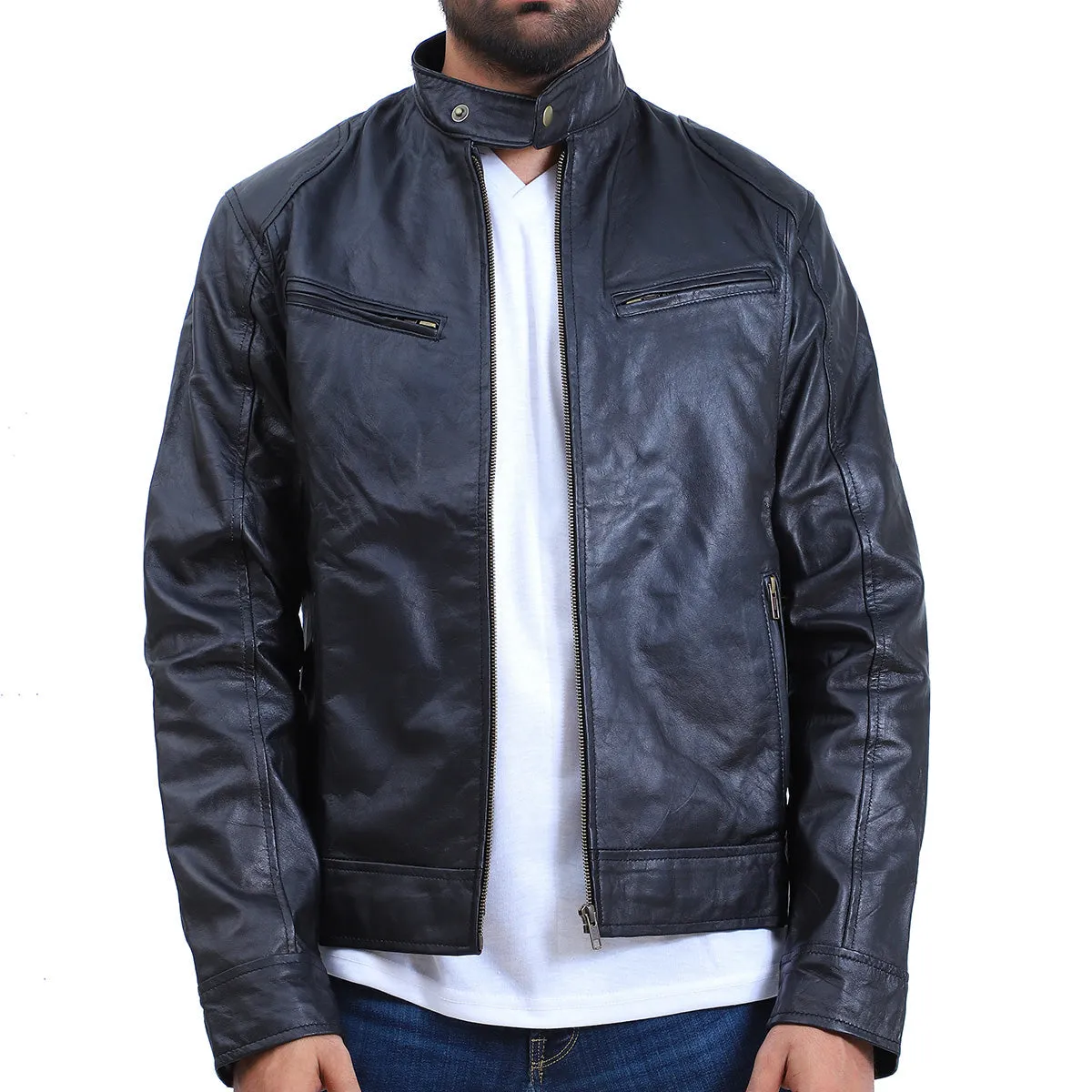Mens Black Cafe Racer Lambskin Leather Jacket