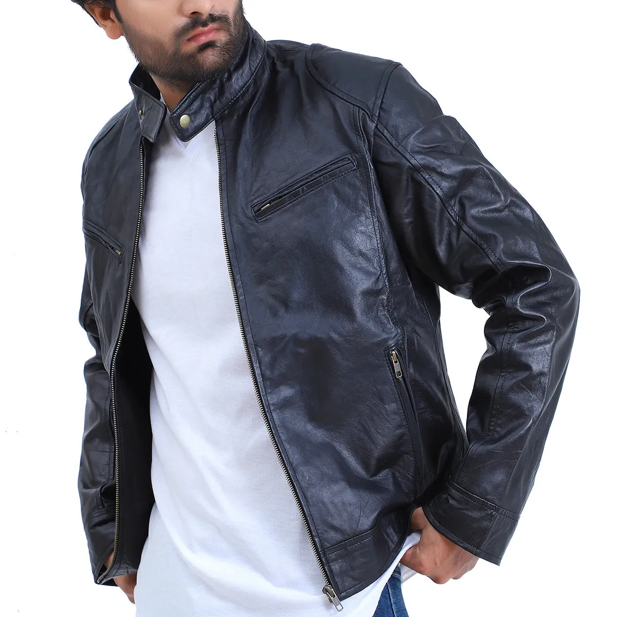 Mens Black Cafe Racer Lambskin Leather Jacket
