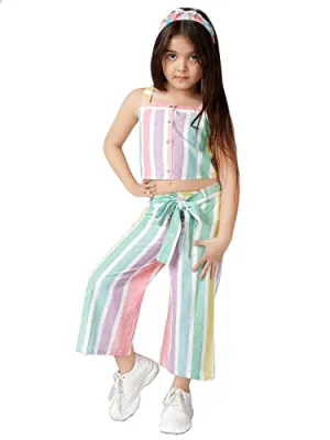 Naughty Ninos Girls Pink & Yellow Striped Top with Palazzos Set(MM00541DRS_Multi_6-7 Years)