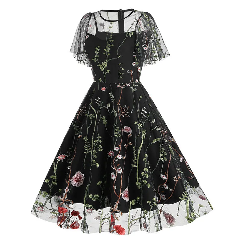 New 1950s Floral Patchwork Lace Dress