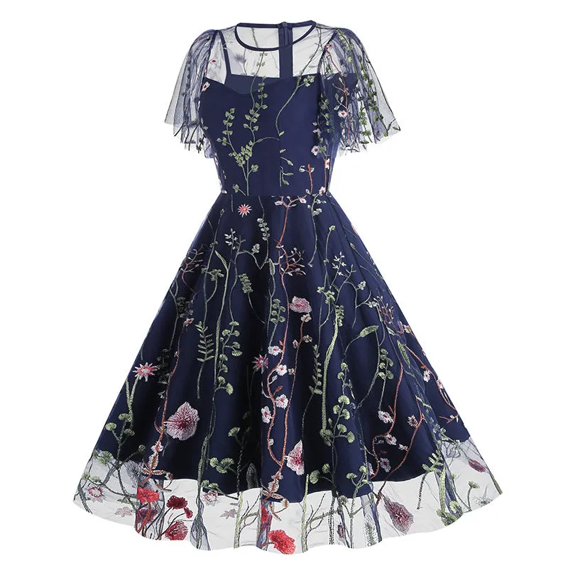 New 1950s Floral Patchwork Lace Dress