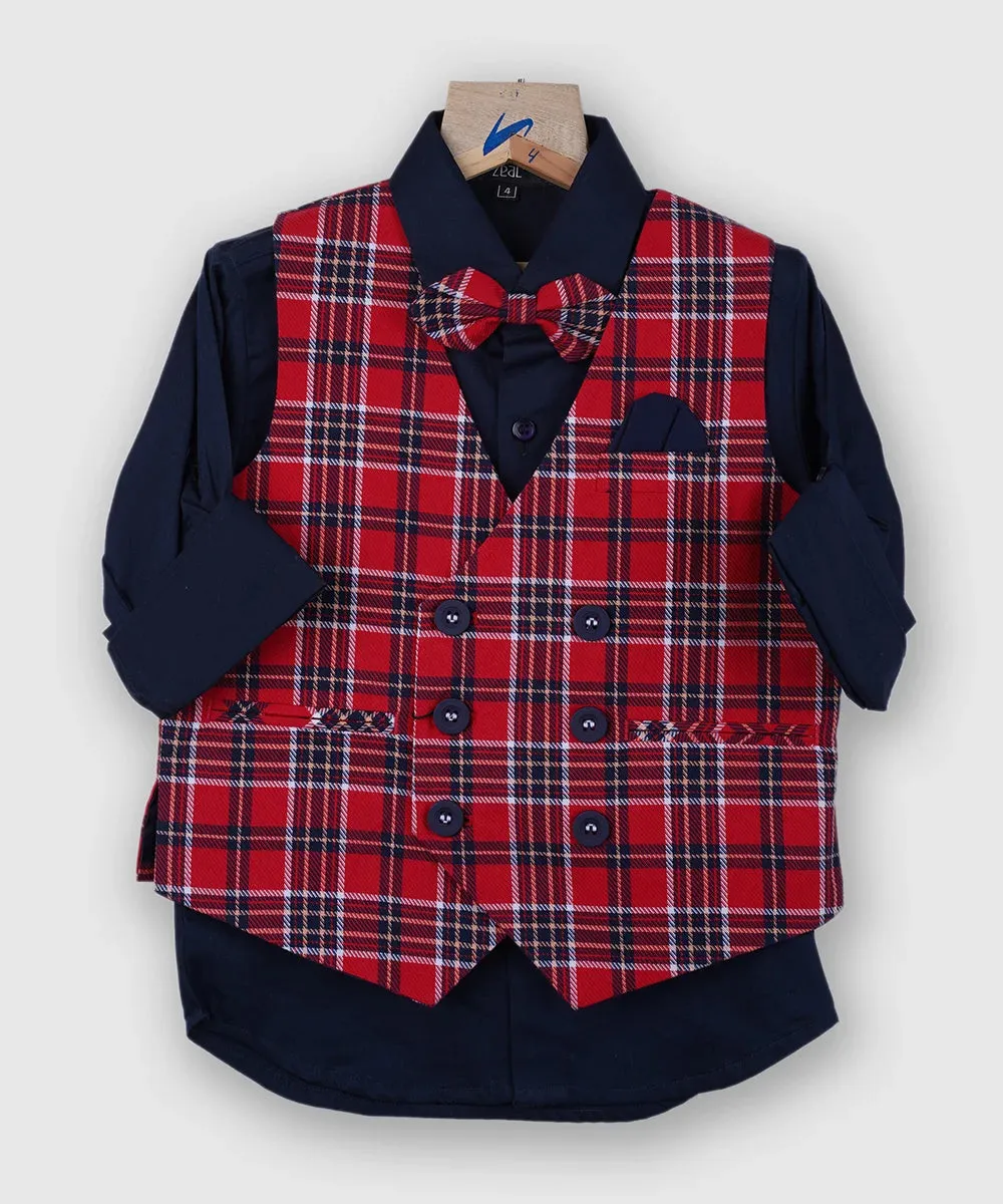 Red Checkered Party Wear Waist Coat Set with Navy Shirt for Boys