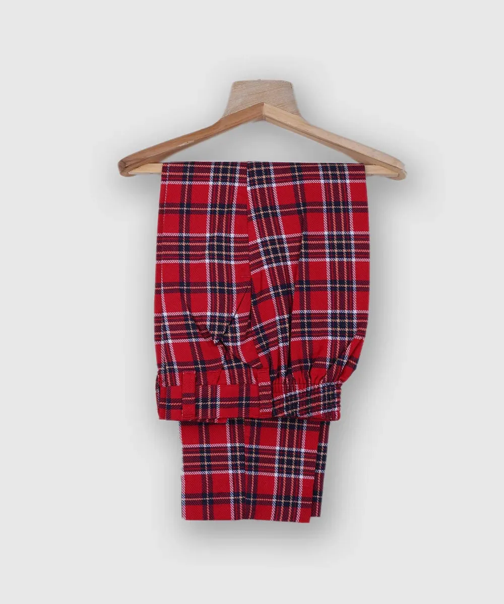 Red Checkered Party Wear Waist Coat Set with Navy Shirt for Boys
