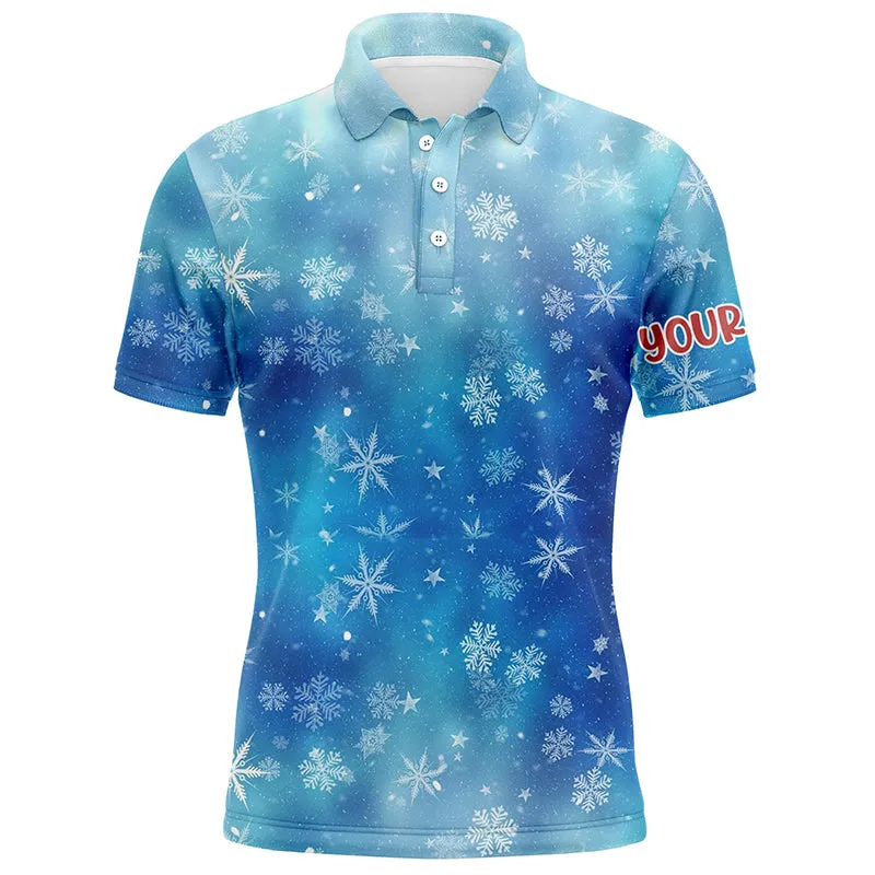 Snowflakes And Blurred Lights Blue Christmas Golf Men Polo Shirts Custom Golf Shirts For Men