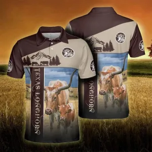 Texas Longhorn Men Polo Shirts - Texas Longhorn Proud Farmer Polo Shirts For Men - Perfect Gift For Texas Longhorn Lovers, Cattle Lovers, Farmers