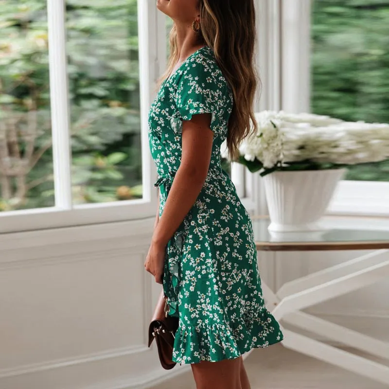 V Neck Floral Print Boho Beach Dress Ruffle Short Sleeve A Line Mini Suumer Sundress Robe Dress