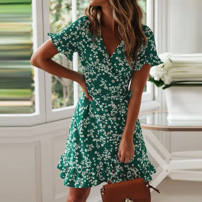 V Neck Floral Print Boho Beach Dress Ruffle Short Sleeve A Line Mini Suumer Sundress Robe Dress