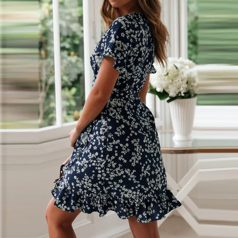 V Neck Floral Print Boho Beach Dress Ruffle Short Sleeve A Line Mini Suumer Sundress Robe Dress