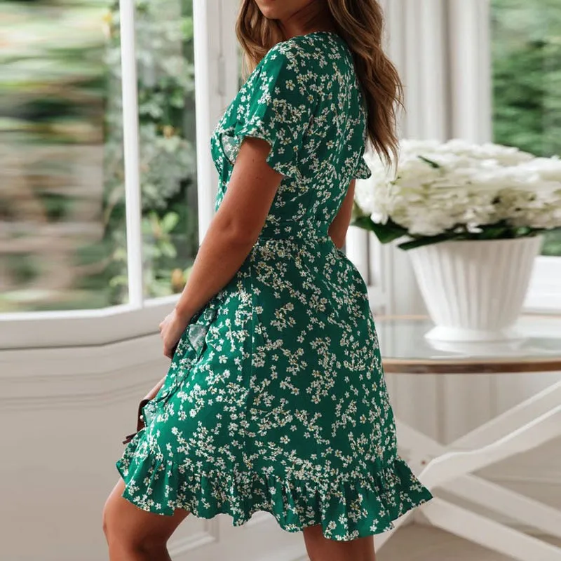 V Neck Floral Print Boho Beach Dress Ruffle Short Sleeve A Line Mini Suumer Sundress Robe Dress